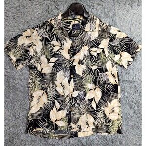 Caribbean Joe Hawaiian Shirt Mens Sz Large L Button Up Rayon Black Yellow Floral